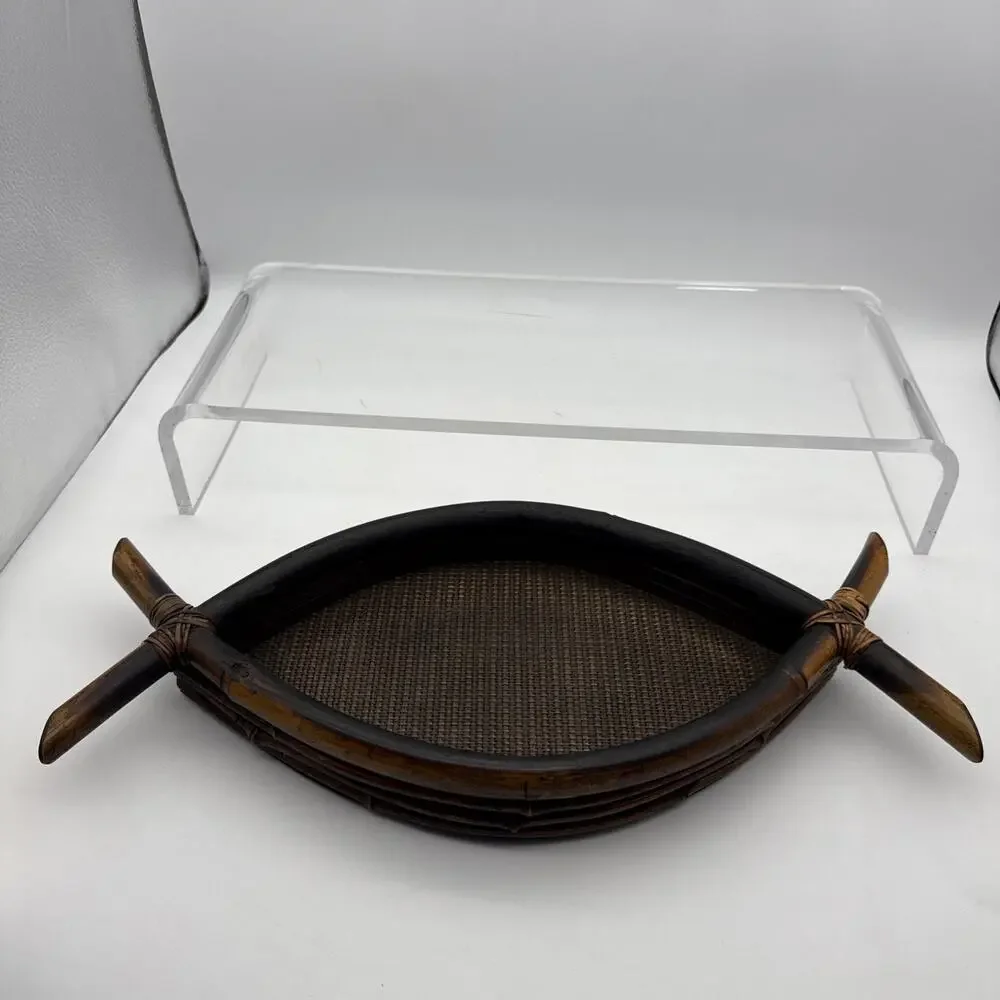 Bohemian Bamboo Rattan Reed Tray Burnt Wood Mid-Century Modern 17 3/4”x8”